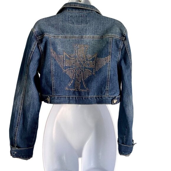 Paris Angel Embellished Crop Demin Jean Jacket Large - Picture 10 of 12